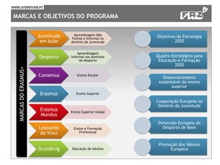 MARCAS E OBJETIVOS DO PROGRAMA
Objetivos da Estratégia
2020
Quadro Estratégico para
Educação e Formação
2020
Desenvolvimento
sustentável do ensino
superior
Cooperação Europeia no
Domínio da Juventude
Dimensão Europeia do
Desporto de Base
Promoção dos Valores
Europeus
Juventude
em Ação
Aprendizagem Não
Formal e Informal no
domínio da Juventude
Desporto
Aprendizagem
Informal nos domínios
do desporto
Comenius Ensino Escolar
Erasmus Ensino Superior
Erasmus
Mundus
Ensino Superior Global
Leonardo
da Vinci
Ensino e Formação
Profissional
Grundtvig Educação de Adultos
MARCASDOERASMUS+
 