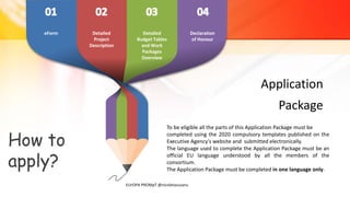 How to
apply?
Detailed
Project
Description
Detailed
Budget Tables
and Work
Packages
Overview
Declaration
of Honour
To be eligible all the parts of this Application Package must be
completed using the 2020 compulsory templates published on the
Executive Agency's website and submitted electronically.
The language used to complete the Application Package must be an
official EU language understood by all the members of the
consortium.
The Application Package must be completed in one language only.
Application
Package
eForm
EUrOPA PROMpT @nicoletasusanu
 
