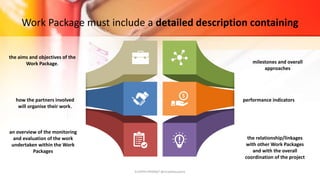 Work Package must include a detailed description containing
the aims and objectives of the
Work Package.
how the partners involved
will organise their work.
an overview of the monitoring
and evaluation of the work
undertaken within the Work
Packages
milestones and overall
approaches
performance indicators
the relationship/linkages
with other Work Packages
and with the overall
coordination of the project
EUrOPA PROMpT @nicoletasusanu
 
