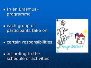  In an Erasmus+
programme
 each group of
participants take on
 certain responsibilities
 according to the
schedule of activities
 