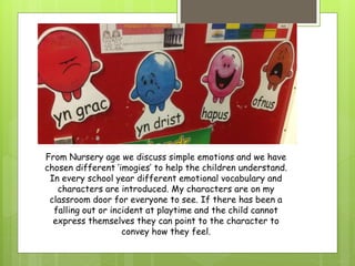 From Nursery age we discuss simple emotions and we have
chosen different ‘imogies’ to help the children understand.
In every school year different emotional vocabulary and
characters are introduced. My characters are on my
classroom door for everyone to see. If there has been a
falling out or incident at playtime and the child cannot
express themselves they can point to the character to
convey how they feel.
 