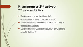 Κινητικότητες 2ου χρόνου:
2nd year mobilities
 Συνάντηση συντονιστών (Ολλανδία)
(transnational mobility to the Netherlands)
 Συνάντηση μαθητών και εκπαιδευτικών στη Σουηδία
(mobility to Sweeden)
 Συνάντηση μαθητών και εκπαιδευτικών στην Ισπανία
(mobility to Spain)
 