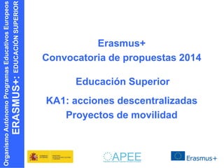 ERASMUS+: EDUCACIÓN SUPERIOR

Organismo Autónomo Programas Educativos Europeos

Erasmus+
Convocatoria de propuestas 2014
Educación Superior
KA1: acciones descentralizadas
Proyectos de movilidad

 