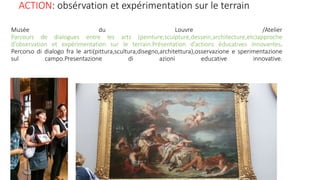 Musée du Louvre /Atelier
Parcours de dialogues entre les arts (peinture,sculpture,dessein,architecture,etc)approche
d’observation et expérimentation sur le terrain.Présentation d’actions éducatives innovantes.
Percorso di dialogo fra le arti(pittura,scultura,disegno,architettura),osservazione e sperimentazione
sul campo.Presentazione di azioni educative innovative.
ACTION: obsérvation et expérimentation sur le terrain
 