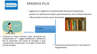 ERASMUS PLUS
• Promuovere partenariati tra i vari Istituti di
insegnamento.
• Utilizzare la lingua francese come strumento per
intraprendere un viaggio intellettuale e affettivo al
fine di raccontare con l’aiuto di immagini e testi
un’esperienza «trasversale» nei luoghi cruciali della
cultura europea.
• Aggiornare e migliorare la professionalità attraverso l’acquisizione,
durante una settimana di studio e sperimentazione, di un metodo educativo
efficace fatto di ricerca-azione-formazione.
.
Finalità
 