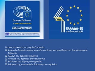 Θετικός αντίκτυπος στη σχολική μονάδα:
 Ανάπτυξη διαπολιτισμικής ευαισθητοποίησης και προώθηση του διαπολιτισμικού
διαλόγου
 Αλλαγή του σχολικού κλίματος
 Άνοιγμα του σχολείου στον έξω κόσμο
 Βελτίωση του κύρους του σχολείου
 Ενίσχυση της ευρωπαϊκής διάστασης του σχολείου
 
