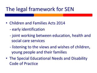 The legal framework for SEN
• Children and Families Acts 2014
- early identification
- joint working between education, health and
social care services
- listening to the views and wishes of children,
young people and their families
• The Special Educational Needs and Disability
Code of Practice
 