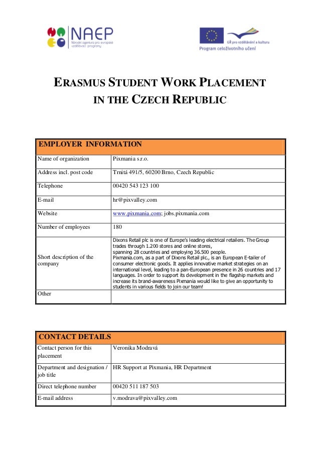 Erasmus student work placement in the czech republic