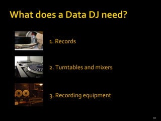 1. Records 2. Turntables and mixers 3. Recording equipment 