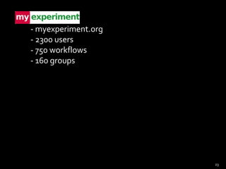 - myexperiment.org - 2300 users - 750 workflows - 160 groups  