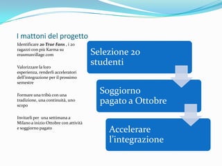 I mattoni del progettoIdentificare 20 TrueFans, i 20 ragazzi con più Karma su erasmusvillage.comValorizzare la loro esperienza, renderli acceleratori dell’integrazione per il prossimo semestreFormare una tribù con una tradizione, una continuità, uno scopoInvitarli per  una settimana a Milano a inizio Ottobre con attività e soggiorno pagato