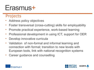 Projects
•
•
•
•
•
•

Address policy objectives
Foster transversal (cross-cutting) skills for employability
Promote practical experience, work-based learning
Professional development in using ICT, support for OER
Develop innovative curricula
Validation of non-formal and informal learning and
connection with formal; transition to new levels with
European tools, link with national recognition systems
• Career guidance and counselling

 