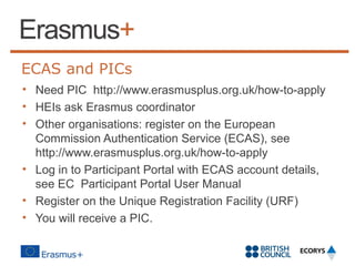 ECAS and PICs
• Need PIC http://www.erasmusplus.org.uk/how-to-apply
• HEIs ask Erasmus coordinator
• Other organisations: register on the European
Commission Authentication Service (ECAS), see
http://www.erasmusplus.org.uk/how-to-apply
• Log in to Participant Portal with ECAS account details,
see EC Participant Portal User Manual
• Register on the Unique Registration Facility (URF)
• You will receive a PIC.

 