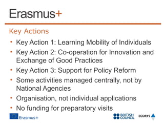 Key Actions
• Key Action 1: Learning Mobility of Individuals
• Key Action 2: Co-operation for Innovation and
Exchange of Good Practices
• Key Action 3: Support for Policy Reform
• Some activities managed centrally, not by
National Agencies
• Organisation, not individual applications
• No funding for preparatory visits

 