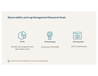 2022 STATE OF OBSERVABILITY AND LOG MANAGEMENT
Goals
Quantify log management and
observability trends
Methodology
Conducte...
