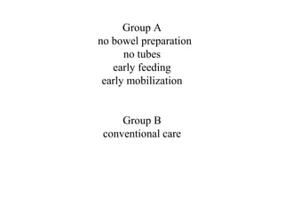 Group A
no bowel preparation
no tubes
early feeding
early mobilization
Group B
conventional care
 