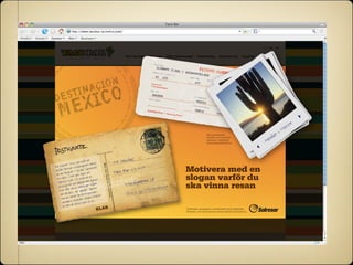 Här presenteras
                       hotellet och resmålet
                       närmare i samband
                       med polaroidbilderna.




       Motivera med en
       slogan varför du
       ska vinna resan

KLAR   Tävlingen arrangeras i samarbete med resebyrån
       Solresor, och här kommer annan ﬁnstilt information.
 