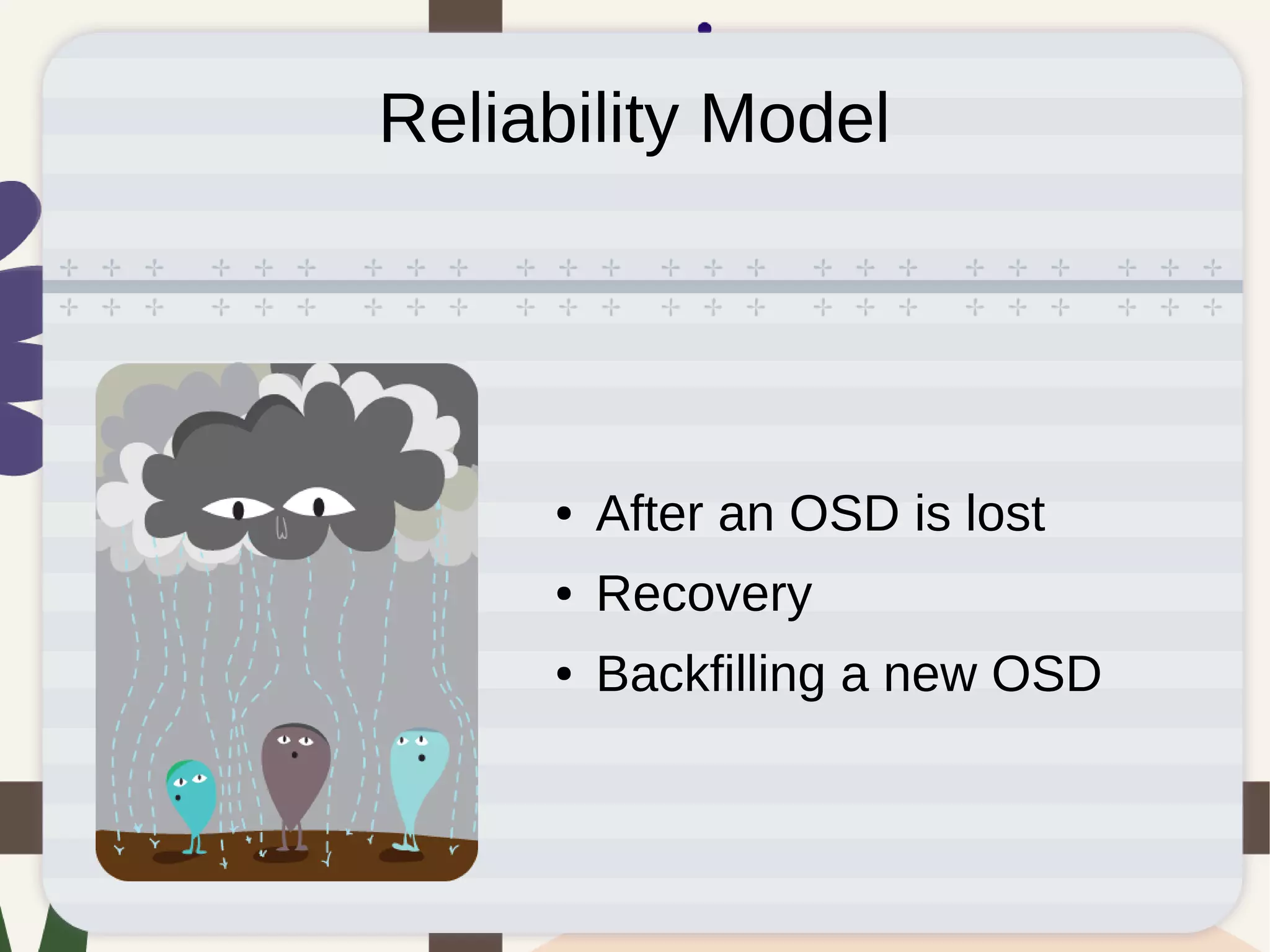 Reliability Model
● After an OSD is lost
● Recovery
● Backfilling a new OSD