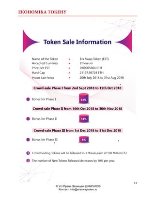 ЕКОНОМІКА ТОКЕНУ
13
© Усі Права Захищені || KMPARDS
Контакт: info@eraswaptoken.io
*
*
*
 