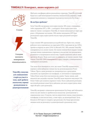 TIMEALLY: Контракт, яким керують усі
20
© Усі Права Захищені || KMPARDS
Контакт: info@eraswaptoken.io
Щоб дати платформу дійсно розподілену структуру, TimeAlly ретельно
будується, щоб винагородити кожному зацікавленому учаснику, який
надаватиме допомогу у підтримці чи розвитку екосистем Era Swap.
Як це буде зроблено*
Хоча TimeAlly нагороджує всіх користувачів, 50% суми є ліквідними,
тобто передніми EST, а 50% - у контракті. Коли користувач хоче
вивести токени з контракту TimeAlly, їх токени випускаються через два
роки з 104 рівними частинами. 50% щойно випущених EST буде
розподілено серед користувачів вчасно через розумний контракт
TimeAlly.
З цих токенів 50% призначаються на робочий пул. Крім того, токени
робочого пулу поділяються на кураторів (10%), торговців на час (10%),
премію за перехід на день (25%) та Buzcafe (5%). 20% токенів TimeAlly
поширюються як силові токени. Ці токени повинні бути віддані членам
громади іншим зацікавленим сторонам в екосистемі, які допомагають
розвивати та підтримувати екосистему. Токени живлення дійсні лише
протягом 30 днів. Якщо цього разу не віддадуть, ці токени спалені. Інші
токени TimeAlly (30%) поширюються серед стакерів у співвідношенні з
періодами їх володіння.
Там може бути ймовірність того, що члени TimeAlly надаватимуть
перевагу своїм виборчим членам під час розповсюдження Power
Tokens. Проте, якщо розподіл не синхронізується з репутацією
учасників, що отримують на платформі, то легітимність отримуваних
Token Power може бути поставлена під сумнів. Таким чином, щоб
видалити цю ситуацію, власник TimeAlly може виділити максимум 15%
Power Token для кожного окремого члена. Після здійснення розподілу
наступний розподіл може бути здійснено для цього користувача лише
через 60 днів з дати розподілу.
TimeAlly насправді є унікальною пропозицією Era Swap, щоб збільшити
попит на свої значки та зробити всю екосистему "розподіленою" у
справжньому сенсі. Стимули, такі як енергетичні токени, підштовхують
платформу та всю екосистему, у свою чергу, до децентралізації. Хоча
більшість ІСО просто говорять про розподіл, Era Swap прискіпливо
знищив шлях до розподілу та децентралізації в реальному сенсі.
Стекінг
З владою
належить
поширювати
відповідальність
TimeAlly стимулює
усіх зацікавлених
сторін до участі в
тому, щоб зробити
екосистему справді
розподіленою та
децентралізованою
 