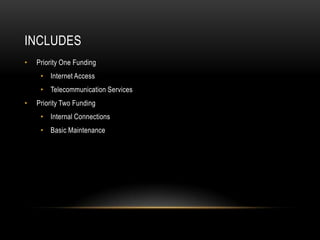 includesPriority One Funding Internet AccessTelecommunication ServicesPriority Two Funding Internal ConnectionsBasic Maintenance