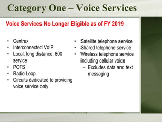 Category One – Voice Services
• Centrex
• Interconnected VoIP
• Local, long distance, 800
service
• POTS
• Radio Loop
• Circuits dedicated to providing
voice service only
Voice Services No Longer Eligible as of FY 2019
• Satellite telephone service
• Shared telephone service
• Wireless telephone service
including cellular voice
– Excludes data and text
messaging
 