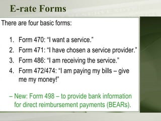 E-rate Forms
There are four basic forms:
1. Form 470: “I want a service.”
2. Form 471: “I have chosen a service provider.”
3. Form 486: “I am receiving the service.”
4. Form 472/474: “I am paying my bills – give
me my money!”
– New: Form 498 – to provide bank information
for direct reimbursement payments (BEARs).
 