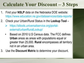 Calculate Your Discount – 3 Steps
1. Find your NSLP data on the Nebraska DOE website:
https://www.education.ne.gov/dataservices/data-reports/
2. Check your Urban/Rural Status in the Lookup Tool –
 https://sltools.universalservice.org/portal-
external/urbanRuralLookup/
• Based on 2010 U.S Census data. The FCC defines
Urban areas as areas with populations equal or
greater than 25,000. Rural encompasses all territory
not in an urban area.
3. Use the Discount Matrix to determine your discount.
 