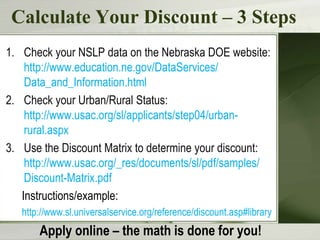 Calculate Your Discount – 3 Steps
1. Check your NSLP data on the Nebraska DOE website:
http://www.education.ne.gov/DataServices/
Data_and_Information.html
2. Check your Urban/Rural Status:
http://www.usac.org/sl/applicants/step04/urbanrural.aspx
3. Use the Discount Matrix to determine your discount:
http://www.usac.org/_res/documents/sl/pdf/samples/
Discount-Matrix.pdf
Instructions/example:
http://www.sl.universalservice.org/reference/discount.asp#library

Apply online – the math is done for you!

 