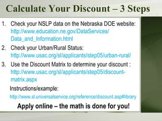 Calculate Your Discount – 3 Steps
1. Check your NSLP data on the Nebraska DOE website:
    http://www.education.ne.gov/DataServices/
    Data_and_Information.html
2. Check your Urban/Rural Status:
    http://www.usac.org/sl/applicants/step05/urban-rural/
3. Use the Discount Matrix to determine your discount :
    http://www.usac.org/sl/applicants/step05/discount-
    matrix.aspx
   Instructions/example:
   http://www.sl.universalservice.org/reference/discount.asp#library
      Apply online – the math is done for you!
 