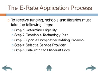 The E-Rate Application ProcessTo receive funding, schools and libraries must take the following steps:Step 1 Determine EligibilityStep 2 Develop a Technology PlanStep 3 Open a Competitive Bidding ProcessStep 4 Select a Service ProviderStep 5 Calculate the Discount Level