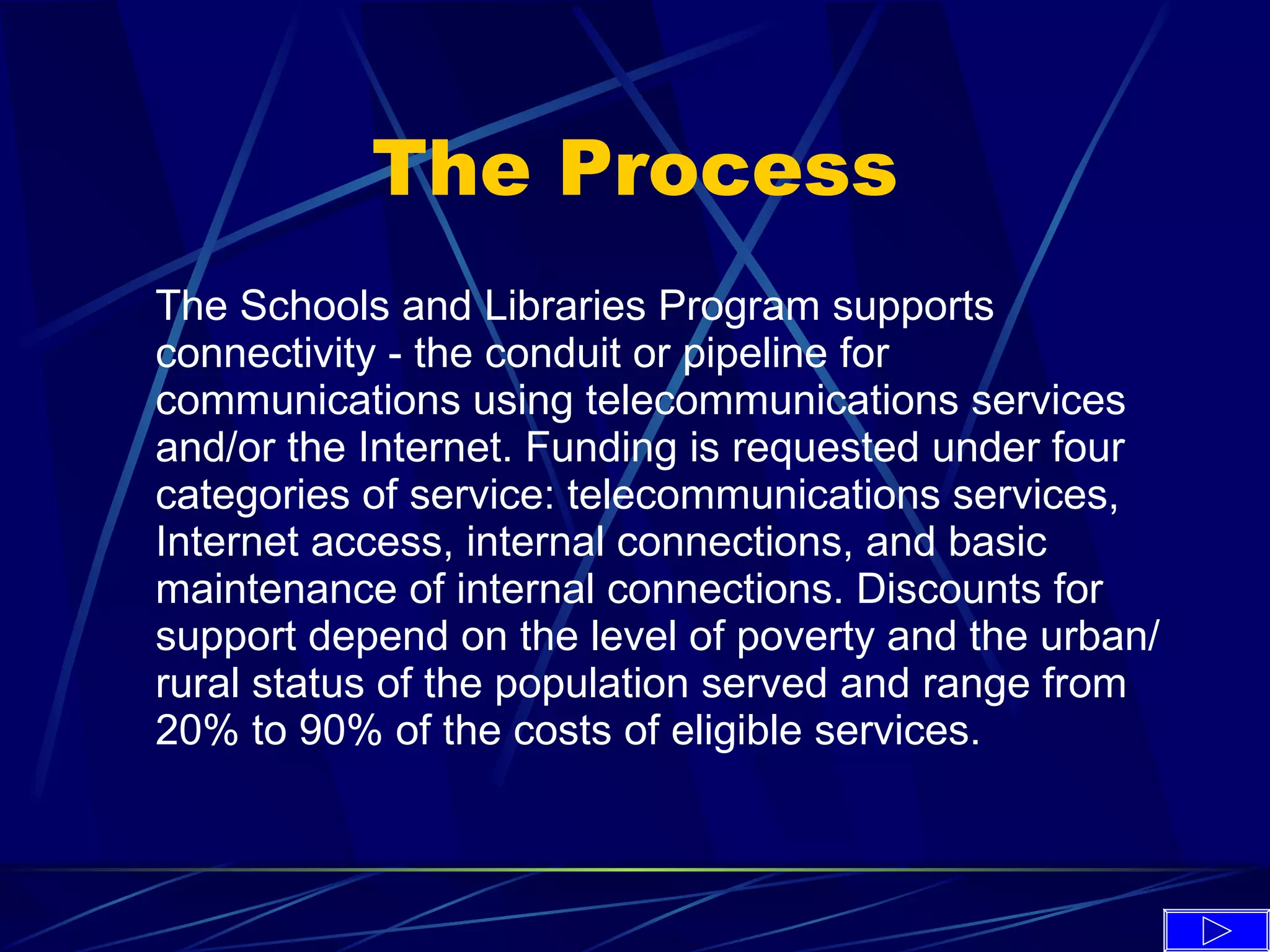 The Process The Schools and Libraries Program supports connectivity - the conduit or pipeline for communications using telecommunications services and/or the Internet. Funding is requested under four categories of service: telecommunications services, Internet access, internal connections, and basic maintenance of internal connections. Discounts for support depend on the level of poverty and the urban/rural status of the population served and range from 20% to 90% of the costs of eligible services.  