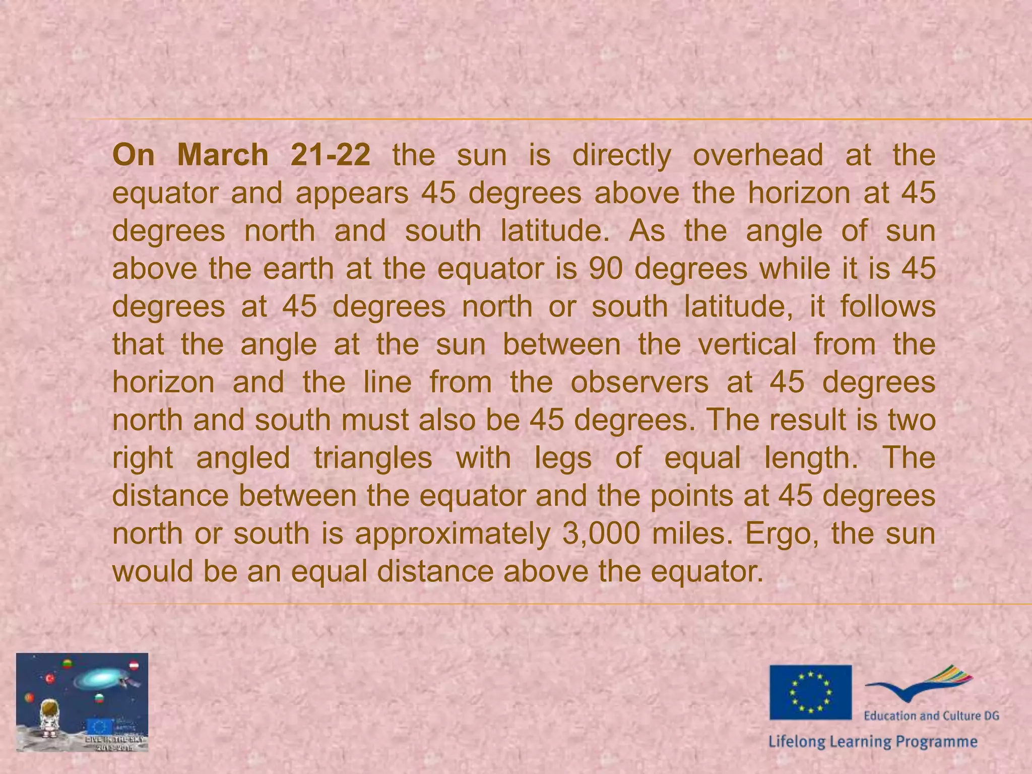 On March 21-22 the sun is directly overhead at the
equator and appears 45 degrees above the horizon at 45
degrees north and south latitude. As the angle of sun
above the earth at the equator is 90 degrees while it is 45
degrees at 45 degrees north or south latitude, it follows
that the angle at the sun between the vertical from the
horizon and the line from the observers at 45 degrees
north and south must also be 45 degrees. The result is two
right angled triangles with legs of equal length. The
distance between the equator and the points at 45 degrees
north or south is approximately 3,000 miles. Ergo, the sun
would be an equal distance above the equator.
 
