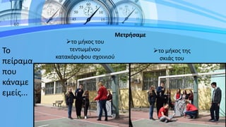 Το
πείραμα
που
κάναμε
εμείς...
το μήκος του
τεντωμένου
κατακόρυφου σχοινιού
το μήκος της
σκιάς του
Μετρήσαμε
 