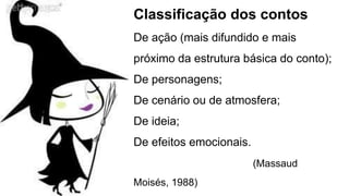 Classificação dos contos
De ação (mais difundido e mais
próximo da estrutura básica do conto);
De personagens;
De cenário ou de atmosfera;
De ideia;
De efeitos emocionais.
(Massaud
Moisés, 1988)
 