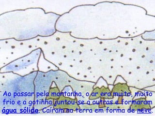 Ao passar pela montanha, o ar era muito, muito frio e a gotinha juntou-se a outras e formaram  água sólida . Caíram na terra em forma de  neve . 