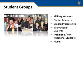  Military Veterans
 Civilian Transfers
 Civilian Progressives
 International
Students
 Traditional/Non-
traditional Students
 Alumni
Student Groups
 