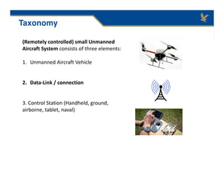 (Remotely controlled) small Unmanned
Aircraft System consists of three elements:
1. Unmanned Aircraft Vehicle
2. Data-Link / connection
3. Control Station (Handheld, ground,
airborne, tablet, naval)
Taxonomy
 