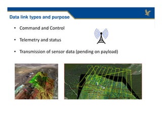 • Command and Control
• Telemetry and status
• Transmission of sensor data (pending on payload)
Data link types and purpose
 