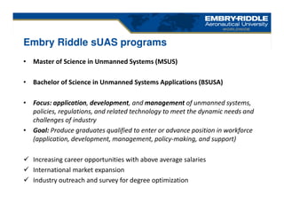 • Master of Science in Unmanned Systems (MSUS)
• Bachelor of Science in Unmanned Systems Applications (BSUSA)
• Focus: application, development, and management of unmanned systems,
policies, regulations, and related technology to meet the dynamic needs and
challenges of industry
• Goal: Produce graduates qualified to enter or advance position in workforce
(application, development, management, policy-making, and support)
Increasing career opportunities with above average salaries
International market expansion
Industry outreach and survey for degree optimization
Embry Riddle sUAS programs
 
