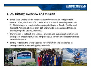 • Since 1925 Embry-Riddle Aeronautical University is an independent,
nonsectarian, not-for-profit, coeducational university serving more than
31,000 students at residential campuses in Daytona Beach, Florida, and
Prescott, Arizona, at more than 125 Worldwide campuses and through
online programs (25,000 students)
• Our mission is to teach the science, practice and business of aviation and
aerospace, preparing students for productive careers and leadership roles
around the world.
• Embry-Riddle is the world's source for innovation and excellence in
aerospace education and applied research.
ERAU History, overview and mission
 