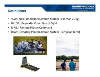 Definitions
• sUAS: small Unmanned Aircraft System (less than 25 kg)
• BVLOS: (Beyond) - Visual Line of Sight
• R-PIC: Remote Pilot in Command
• RPAS: Remotely Piloted Aircraft System (European term)
 