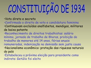 Voto direto e secreto Confirmado o direito de voto e candidatura feminina Continuavam excluídos analfabetos, mendigos, militares  de baixa patente  Reconhecimento de direitos trabalhistas: salário  mínimo, jornada de trabalho de 8horas, proibição do  trabalho de menores até 14 anos, férias anuais  remuneradas, indenização na demissão sem justa causa Nacionalismo econômico: proteção das riquezas naturais  do país Estabeleceu a próxima eleição para presidente como  indireta: Getúlio foi eleito CONSTITUIÇÃO DE 1934 