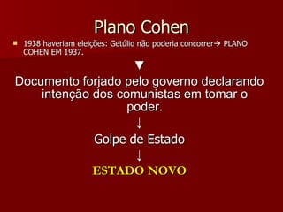 Plano Cohen 1938 haveriam eleições: Getúlio não poderia concorrer   PLANO COHEN EM 1937. ▼ Documento forjado pelo governo declarando intenção dos comunistas em tomar o poder. ↓ Golpe de Estado ↓ ESTADO NOVO 