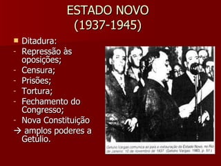 ESTADO NOVO (1937-1945) Ditadura:  Repressão às oposições; Censura; Prisões; Tortura; Fechamento do Congresso; Nova Constituição     amplos poderes a Getúlio. 
