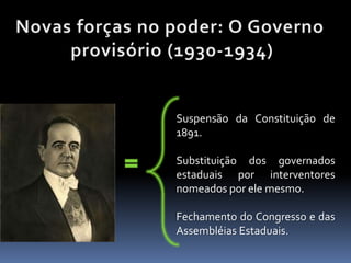 Suspensão da Constituição de
1891.

Substituição dos governados
estaduais por interventores
nomeados por ele mesmo.

Fechamento do Congresso e das
Assembléias Estaduais.
 