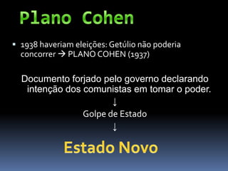  1938 haveriam eleições: Getúlio não poderia
  concorrer  PLANO COHEN (1937)

  Documento forjado pelo governo declarando
   intenção dos comunistas em tomar o poder.
                       ↓
                Golpe de Estado
                       ↓
 