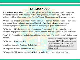 ESTADO NOVO:
A Intentona Integralista (1938): a princípio os Integralistas apoiaram o golpe varguista,
porém afastados do poder e com o partido na ilegalidade, membros da AIB invadem o
palácio presidencial para assassinar Getúlio Vargas. São rapidamente derrotados e presos.
Criação do Dasp (Departamento Administrativo do Serviço Público), corpo de burocratas
para supervisionar os interventores nas Unidades Administrativas e reestruturar a
administração pública, tornando-se “cabides de empregos” para “apadrinhados”.
Criação do DIP (Departamento de Imprensa e Propaganda), órgão responsável pela
censura e propaganda do Estado Novo (criação da Hora do Brasil, depois A Voz do Brasil).
A CLT (Consolidação das Leis Trabalhistas), baseada na “Carta del Lavoro” do Fascismo
Italiano.
                                                    Durante o Estado Novo a repressão
Criação do Senai e do Sesi.                        coube ao DOPS (Departamento de
                                                    Ordem Pública e Social) e Pela
Criação do Conselho Nacional do Petróleo.           Polícia Especial comandada por
Companhia Vale do Rio Doce em MG.                  Filinto Müller.
Companhia Siderúrgica Nacional (CSN), em Volta Redonda – Industria de Base.
 