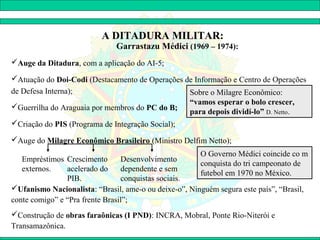 A DITADURA MILITAR:
                              Garrastazu Médici (1969 – 1974):
Auge da Ditadura, com a aplicação do AI-5;

Atuação do Doi-Codi (Destacamento de Operações de Informação e Centro de Operações
de Defesa Interna);                              Sobre o Milagre Econômico:
                                                 “vamos esperar o bolo crescer,
Guerrilha do Araguaia por membros do PC do B;
                                                 para depois dividí-lo” D. Netto.
Criação do PIS (Programa de Integração Social);

Auge do Milagre Econômico Brasileiro (Ministro Delfim Netto);
                                                       O Governo Médici coincide co m
   Empréstimos Crescimento       Desenvolvimento
                                                       conquista do tri campeonato de
   externos.    acelerado do     dependente e sem
                                                       futebol em 1970 no México.
                PIB.             conquistas sociais.
Ufanismo Nacionalista: “Brasil, ame-o ou deixe-o”, Ninguém segura este país”, “Brasil,
conte comigo” e “Pra frente Brasil”;
Construção de obras faraônicas (I PND): INCRA, Mobral, Ponte Rio-Niterói e
Transamazônica.
 