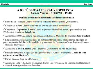 História                                                                             Euclides

                A REPÚBLICA LIBERAL - POPULISTA:
                               Getúlio Vargas – PTB (1951 – 1954):
                  Política econômica nacionalista e intervencionista.
  Plano Lafer (Horácio Lafer): estímulo a industria de base (Plano Qüinqüenal);
  Criação do BNDE (Banco Nacional de Desenvolvimento Econômico);
  Campanha “O petróleo é nosso”, com o apoio de Monteiro Lobato , que culminou em
  1953 com a criação da Petrobrás;
  Aumento de 100% do salário mínimo, concedido pelo Ministro do Trabalho João Goulart;
  Empresários nacionais, associados ao capitais internacionais, financiaram a oposição ao
  governo através da UDN e do seu líder e governador da Guanabara Carlos Lacerda (dono da
  Tribuna da Imprensa);
  Atentado a Carlos Lacerda (rua Toneleros, Copacabana no Rio de Janeiro);
  Suicídio de Getúlio Vargas (24 de agosto de 1954). Carta Testamento: “...saio da vida
  para entrar na História.”;
  Carlos Lacerda foge para Portugal;
  Assumem: Café Filho (vice-presidente), Carlos Luz (presidente da Câmara dos Deputados)
  e Nereu Ramos (presidente do Senado).
 